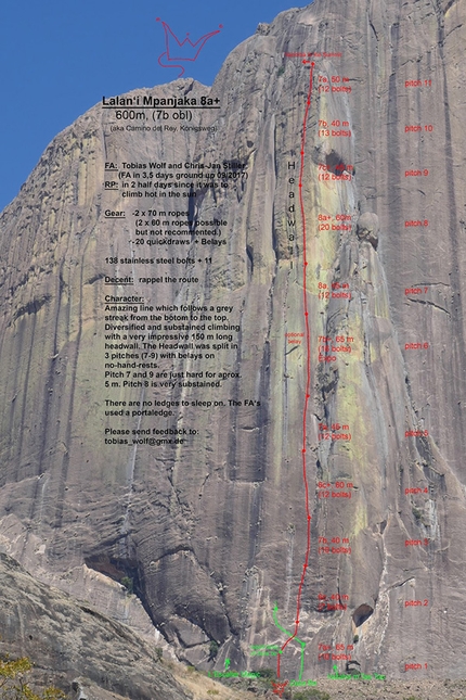 Tsaranoro, Madagascar, Tobias Wolf, Chris-Jan Stiller - The route line of 'Lalan’i Mpanjaka', Tsaranoro Be, Tsaranoro massif, Madagascar (09/2017 Tobias Wolf, Chris-Jan Stiller)