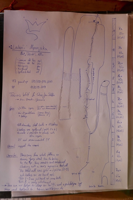 Tsaranoro, Madagascar, Tobias Wolf, Chris-Jan Stiller - The topo of 'Lalan’i Mpanjaka', Tsaranoro Be, Tsaranoro massif, Madagascar (09/2017 Tobias Wolf, Chris-Jan Stiller)