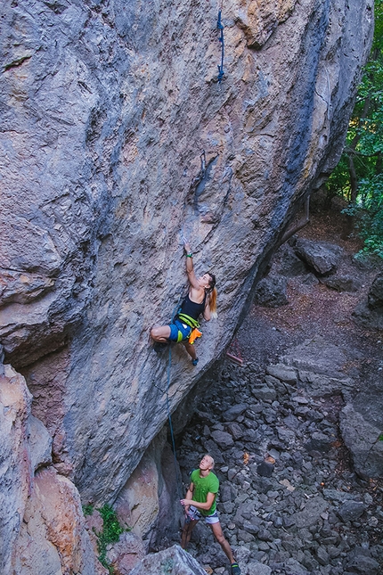 Ievgeniia Kazbekova, Crimea, Red Stone - Jenya Kazbekova climbing Güllich 8c+ at the crag Red Stone in Crimea