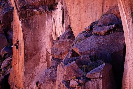 Pirmin Bertle, Chile, South America - Pirmin Bertle dealing with the lower crux of Le vent nous portera, 9a+, Socaire, Chile.