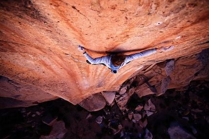 Pirmin Bertle, Chile, South America - Pirmin Bertle dealing with the lower crux of Le vent nous portera, 9a+, Socaire, Chile.