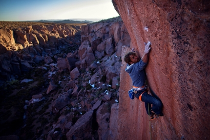 Pirmin Bertle, Chile, South America - Pirmin Bertle making the first ascent of Le vent nous portera, 9a+, Socaire, Chile.