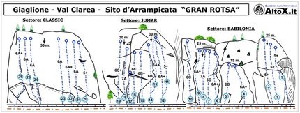 Gran Rotsa, Val Clarea, Valle di Susa - Le vie d'arrampicata nella falesia Gran Rotsa, Val Clarea, Valle di Susa. I settori Babilonia, Jumar, Classic