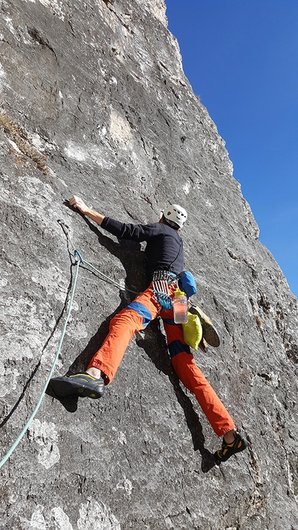 Via Mirko, Monte Steviola, Vallunga, Dolomites, Manuel Nocker, Armin Senoner - Manuel Nocker and Armin Senoner making the first ascent of Via Mirko on Monte Steviola, Vallunga (Puez-Odle) Dolomites