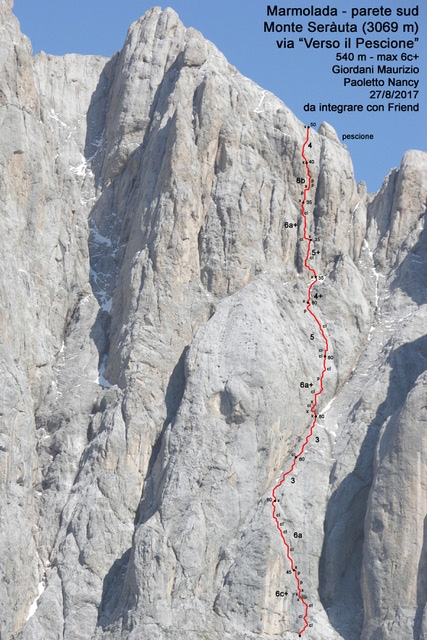 Maurizio Giordani, Dolomiti - Via Verso il Pescione, Monte Seràuta, Marmolada (Maurizio Giordani, Nancy Paoletto 27/08/2017)