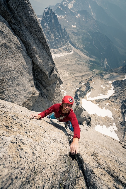 Bugaboos, Howser Towers, Canada, Leo Houlding, Will Stanhope - Leo Houlding on the crux 5.10 (E2) pitch of the uber-classic, 600m, Becky / Chouinard on the South Tower of the Howser Towers, Bugaboos. One of the finest routes of its standard in the world.