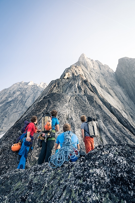 Bugaboos, Howser Towers, Canada, Leo Houlding, Will Stanhope - Waldo Etherington, Wilson Cutbirth, Leo Houlding and Will Stanhope below the uber-classic, 600m, Becky / Chouinard on the South Tower of the Howser Towers, Bugaboos