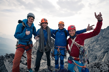 Bugaboos, Howser Towers, Canada, Leo Houlding, Will Stanhope - Will Stanhope, Wilson Cutbirth, Waldo Etherington and Leo Houlding on the top of South Tower, Howser Towers, Bugaboos