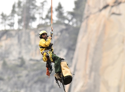 Quinn Brett, The Nose, El Capitan, Yosemite - Quinn Brett rescue operation on 11/10/2017: ranger Aaron Smith on the longline