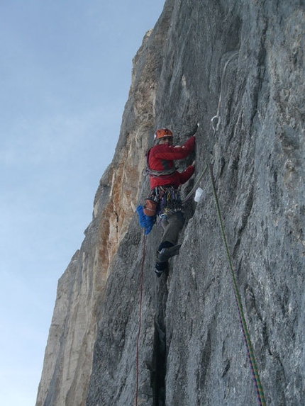 Captain Sky-hook, Civetta, Dolomites - Alessandro Baù and Nicola Tondini during the first winter ascent of Captain Sky-hook, Civetta, Dolomites