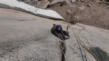 Bugaboos, Canada, From Italy with love, Luca Montanari, Arianna Del Sordo - Arianna Del Sordo climbing the first pitch of From Italy with love, Donkey’s Ears, Crescent Towers, Bugaboos, Canada