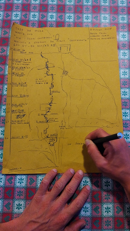 Sass de Mura, Dolomiti Feltrine, Lorenzo Corso, Patrick Gasperini, Diego Toigo - Disegnando il tracciato di I tempi cambiano, Sass de Mura parete sud