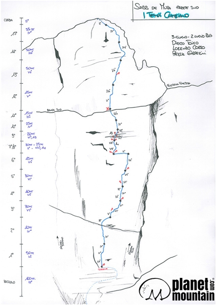 Sass de Mura, Dolomiti Feltrine, Lorenzo Corso, Patrick Gasperini, Diego Toigo - Il disegno di I tempi cambiano, Sass de Mura parete sud (Lorenzo Corso, Patrick Gasperini, Diego Toigo estate 2017)