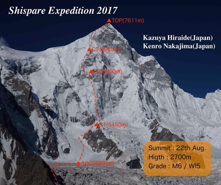 Shispare, Kazuya Hiraide, Kenro Nakajima - The line of the first ascent of the NE Face of Shispare (7611m), Karakorum, climbed by Kazuya Hiraide and Kenro Nakajima from 18-24/08/2017