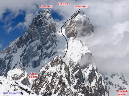 Caucasus massif skiing, Miroslav Peťo, Maroš Červienka - Ushba with its South and North summits (4698 m) and the East couloir 