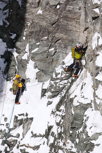 Matterhorn - South Face - 13/03/2010 Marco and Hervé Barmasseduring the first ascent of their new route up the South Face of the Matterhorn