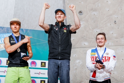 Lead World Cup 2017, Kranj - Male podium of the Kranj stage of the Lead World Cup 2017: 2. Alexander Megos 1. Jakob Schubert 3. Dmitrii Fakirianov