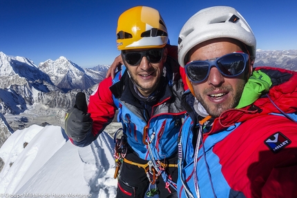 Pangbuk North, Nepal, Max Bonniot, Pierre Sancier - Max Bonniot and Pierre Sancier on the summit of Pangbuk North (6589 m), Nepal, after having made the first ascent of Tolérance Zero up the mountain's North Face (18-19/10/2017)