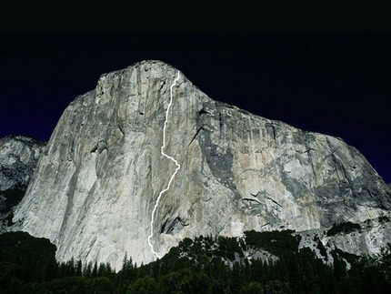 Dawn Wall, El Capitan - La linea della Dawn Wall, El Capitan, Yosemite, salita in libera da Tommy Caldwell e Kevin Jorgeson dal 27/12/2014 al 14/01/2015.