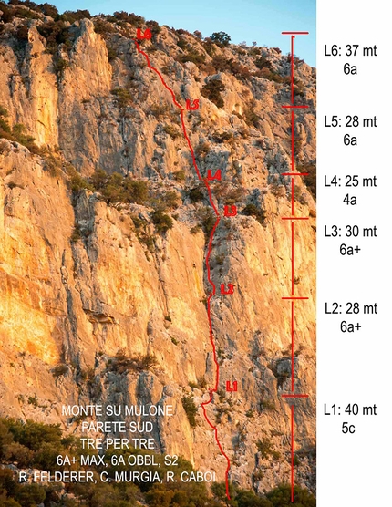 Arrampicata Sardegna - Il tracciato di Tre per Tre, Monte su Mulone, Sardegna (Roberto Caboi, Richard Felderer, Cristian Murgia 2017)