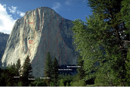 El Capitan, Yosemite, USA - El Capitan in Yosemite with the routes The Salathé Wall, Muir Wall, The Shield, The Nose, Reticent Wall, Pacific Ocean Wall and North America Wall