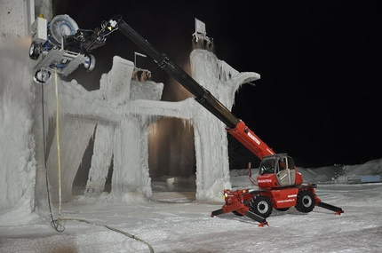 Corvara Rabenstein Dolomites - The artificial ice climbing tower at Rabenstein / Corvara in the Dolomites, December 2017