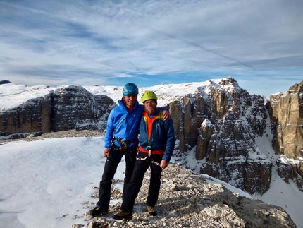 Val Mesdì, Sella, Dolomites, Simon Gietl, Andrea Oberbacher - Simon Gietl and Andrea Oberbacher climbing the couloir in Val de Mesdì, Sella, Dolomites, December 2016