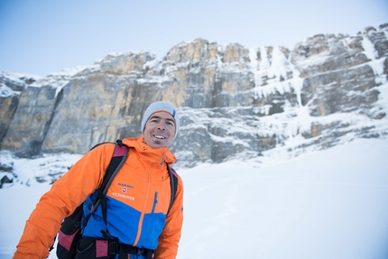 Dani Arnold, Beta Block Super, Breitwangfluh, Switzerland - Dani Arnold below the ice climb Beta Block Super on Breitwangfluh in Switzerland, free soloed on 24 December 2017