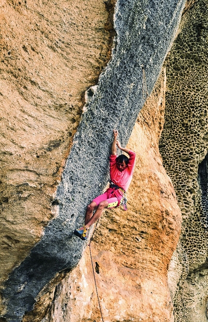 Andrea Gallo Hyaena, Finale - 22-year-old Andrea Gallo making the first ascent of Hyaena at the crag Monte Sordo, Finale Ligure, in 1986