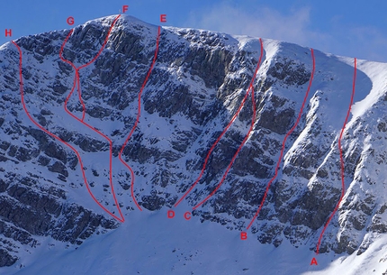 Monte Rondinaio 1,964 m - La parete NE di Monte Rondinaio 1,964 m. A) Canale Cascata. D+, 80° - Primi salitori sconosciuti.  B) Couloir Senza Nome. D+, 80° - Primi salitori sconosciuti. C) Couloir Fantasma. TD+, 90° - B. Barsuglia, M. Colò, G. Cotelli, 8/1/2000. D) Dalla nebbia alle nuvole. D+, 75° - M. Barbieri, B. Moranduzzo, 22/1/2017. E) Viva Rotari. TD, 90° - M. Barbieri, F. Tardini, N. Vernazza, 26/1/2014. F) Angeli del Ghiaccio. TD+, 80° - A. Biffignandi, G. Campanella, D. Damato, 19/2/2017. G) Variante Codeluppi-Iotti. TD, 80° - G. Codeluppi, D. Iotti, 25/2/2017. H) Via Pesi. D, 65° - P. Bartoloni, D. Ciuffi, M. Pesi, F. Pollastrini, 3/3/1968.