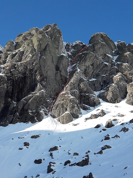 Val Gerola, Cima Piazzotti, Cristian Candiotto - Il tracciato di The Maniach, Cima Piazzotti Orientale parete sud, Val Gerola (TD+, M5+/M6, 350m, Cristian Candiotto)