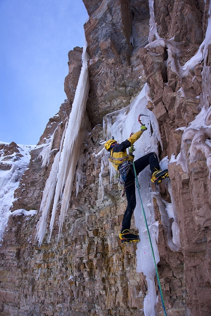 Bletterbach, ice climbing, Daniel Ladurner, Johannes Lemayer - Johannes Lemayer making the ascent of Eistänzer in the sector Gorz at Bletterbach