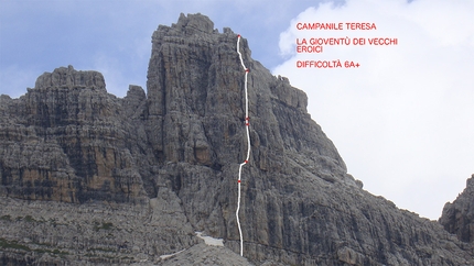 Dolomiti di Brenta, Franco Nicolini - Il tracciato di La Gioventù dei Vecchi Eroici, Campanile Teresa, Dolomiti di Brenta