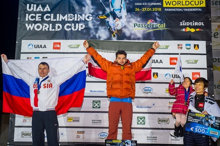Coppa del Mondo di arrampicata su ghiaccio 2018 - Podio maschile Lead a Corvara - Rabenstein: Alexey Tomilov, Mohammadreza Safdarian Korouyeh, YoungHye Kwon