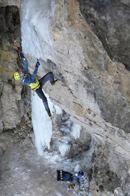 Florian Riegler deals with Sick and Tired, new mixed climb at Gampenpass Cave