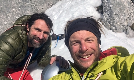 Hoher Göll, Alexander Huber, Guido Unterwurzacher - Alexander Huber and Guido Unterwurzacher after having climbed Direkte Große Trichter, Hoher Göll West Face, on 31/01/2018