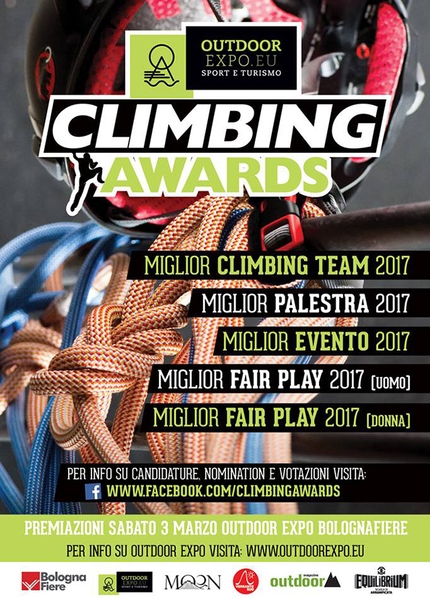 Outdoor Expo Bologna - Climbing Awards: aperte le votazioni fino al 23 febbraio gli oscar nazionali dedicati all'universo italiano dell’arrampicata sportiva. Le premiazioni sabato 3 marzo ad Outdoor Expo di Bologna