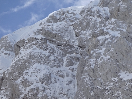 Cimon di Palantina, Alpago, Ritorno al Futuro - Durante la ripetizione di Ritorno al Futuro, parete NE di Cimon di Palantina, Alpago