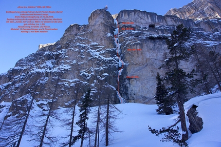 Val Lietres, Dolomiti, Once in a Lifetime - Il tracciato di Once in a Lifetime, Val de Lietres, Dolomiti (WI6+, M8, 165 m, Daniel Ladurner, Hannes Lemayr, Florian Riegler 02/2018)