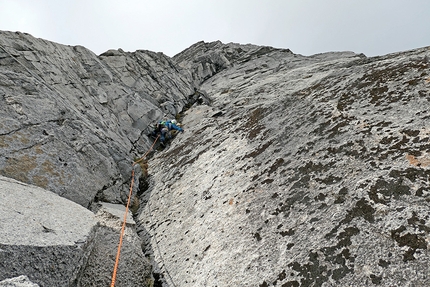 Torres Del Avellano, Patagonia, Chile - Torres Del Avellano, Patagonia, Chile: the huge corner two-thirds of the way up the East Face of the South Avellano Tower. This turned in to a wet offwidth and was avoided on the left.