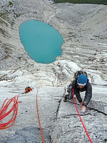 Torres Del Avellano, Patagonia, Chile - Torres Del Avellano, Patagonia, Chile: Will Sim and Paul Swail seconding the incredible initial pitches of the route up the East Face of the South Avellano Tower.