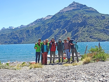 Torres Del Avellano, Patagonia, Chile - Torres Del Avellano, Patagonia, Chile: the entire team comprised of Paul Swail, Ruth Bevan, John Crook, Pascual the boat man, John McCune, Luis the Gaucho and Will Sim.