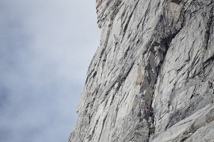 Torres Del Avellano, Patagonia, Chile - Torres Del Avellano, Patagonia, Chile: John McCune, John Crook, Will Sim and Paul Swail navigating round the huge wet corner, high on the South Avellano Tower.