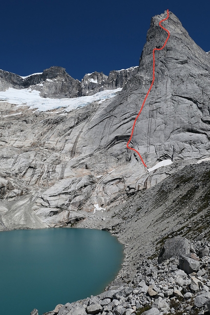 Torres Del Avellano, Patagonia, Chile - The impressive East Face of the South Avellano Tower, Torres Del Avellano, Patagonia, Chile and the line climbed by John McCune, John Crook,  Will Sim and Paul Swail in January 2018