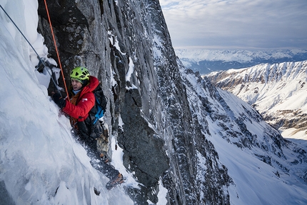 David Lama, Sagwand, Valsertal, Austria - Peter Mühlburger making the first ascent of Sagzahn - Verschneidung up Sagwand, Valsertal, Austria
