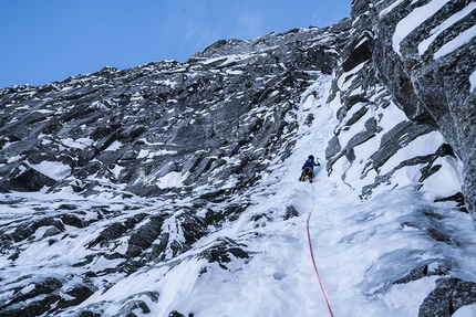 David Lama, Sagwand, Valsertal, Austria - David Lama making the first ascent of Sagzahn - Verschneidung up Sagwand, Valsertal, Austria on 15/02/2018, climbed with Peter Mühlburger