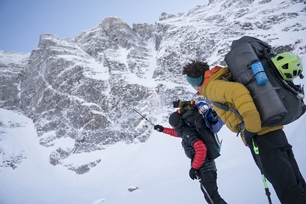 David Lama, Sagwand, Valsertal, Austria - David Lama and Peter Mühlburger observe what will become Sagzahn - Verschneidung up Sagwand, Valsertal, Austria