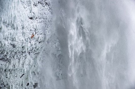 Dani Arnold, Helmcken Falls, Canada - Dani Arnold making the first ascent of his Power Shrimps at Helmcken Falls, Canada
