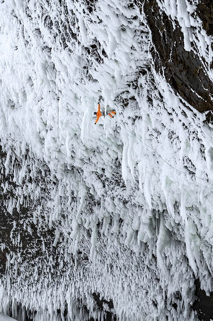 Dani Arnold, Helmcken Falls, Canada - Dani Arnold making the first ascent of Power Shrimps at Helmcken Falls, Canada