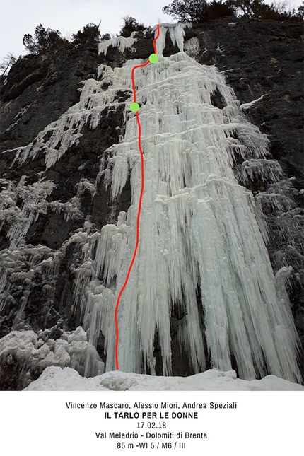 Val Meledrio, Val di Sole, cascate di ghiaccio, Vincenzo Mascaro, Alessio Miori, Andrea Speziali - Il tracciato di Il tarlo per le donne in Val Meledrio (Val di Sole) aperta da Vincenzo Mascaro, Alessio Miori e Andrea Speziali il 17/02/2018 (WI5 / M6 / III, 85 m)